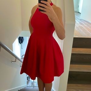 Halston cutout structured fit and flare cocktail dress red sleeveless racerback